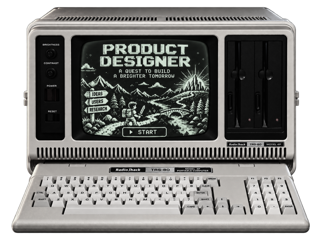 Vintage computer with Product Designer on its screen